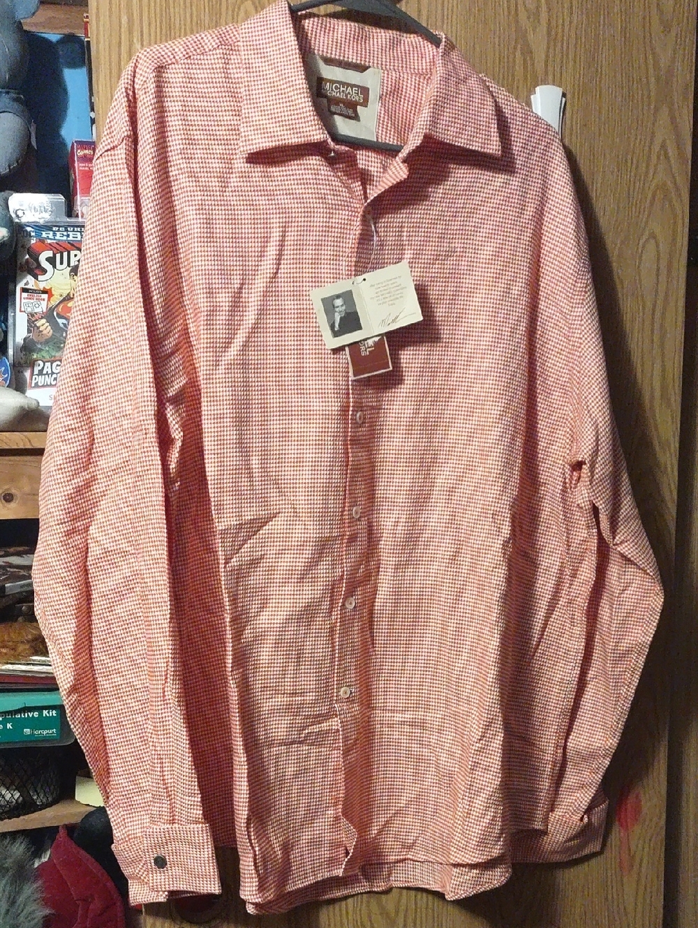 Michael Kors Red Micro-Check Long Sleeve Dress Shirt